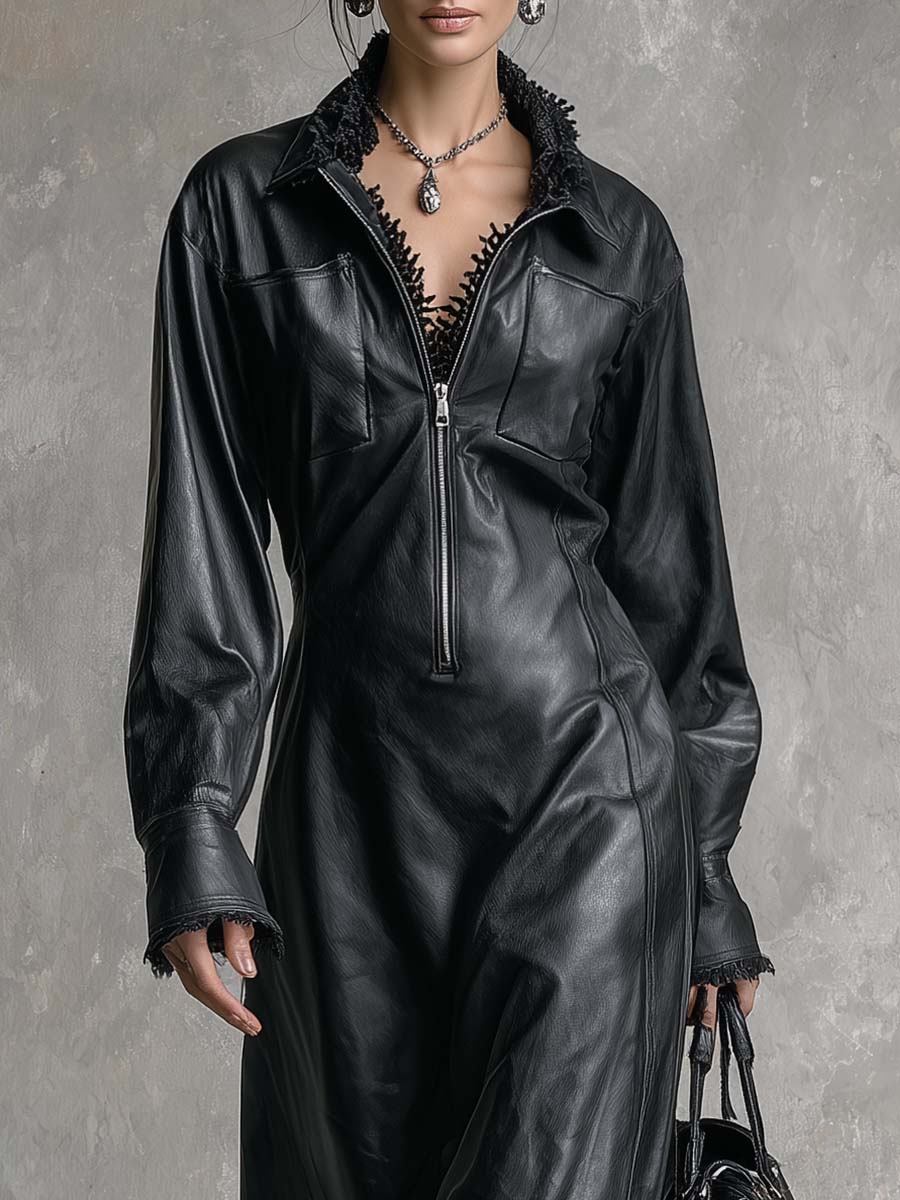 Vintage Temperament Lace Details Front Zipper High-quality Black Slit Leather Maxi Dress