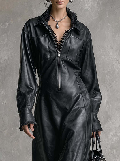 Vintage Temperament Lace Details Front Zipper High-quality Black Slit Leather Maxi Dress