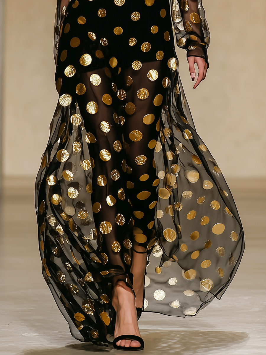 High-end Chic Gold Polka Dot Black Chiffon Maxi Dress