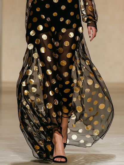High-end Chic Gold Polka Dot Black Chiffon Maxi Dress