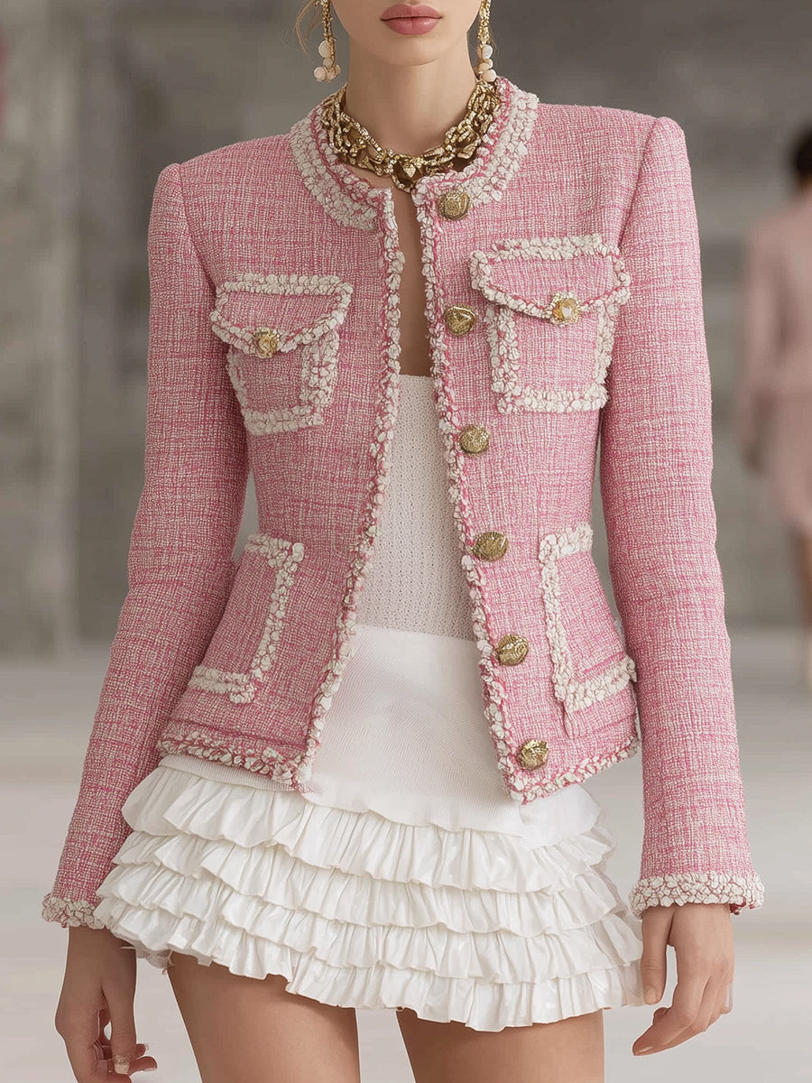 Designer Pink Tweed Patchwork White Trim Button Jacket