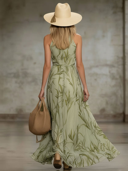 Elegant Leaf Print Halter Neck Chiffon Sleeveless Maxi Dress
