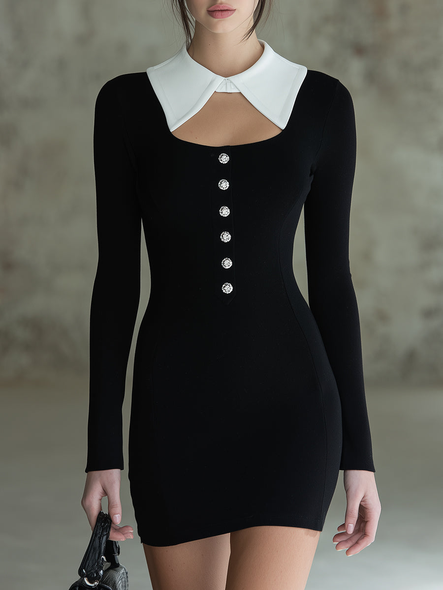 Elegant Black And White Color-block Knitted  With Rhinestone Buttons Mini Dress