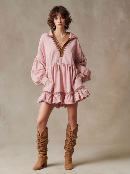 Retro Long-sleeved Pink Corduroy Ribbon Ruffle Mini Dress