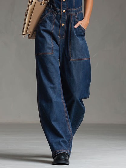Casual Retro Multi-pocket Topstitching Dark Blue Denim Sleeveless Balloon Jumpsuit