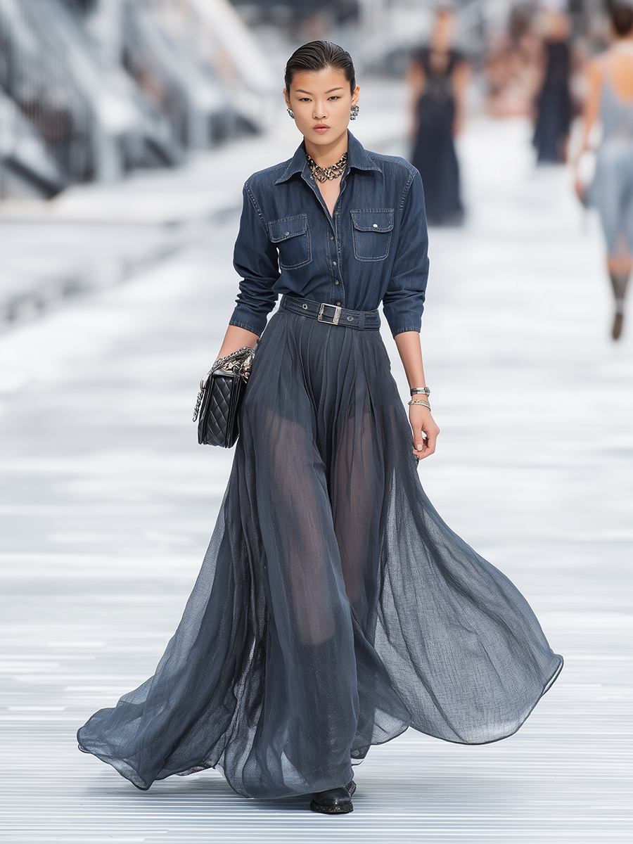 High-end Stylish Detachable Sheer Long Skirt Denim Shorts Jumpsuit Two-piece Set