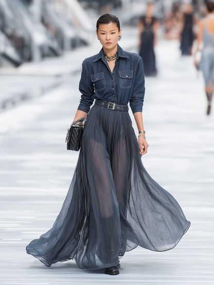 High-end Stylish Detachable Sheer Long Skirt Denim Shorts Jumpsuit Two-piece Set