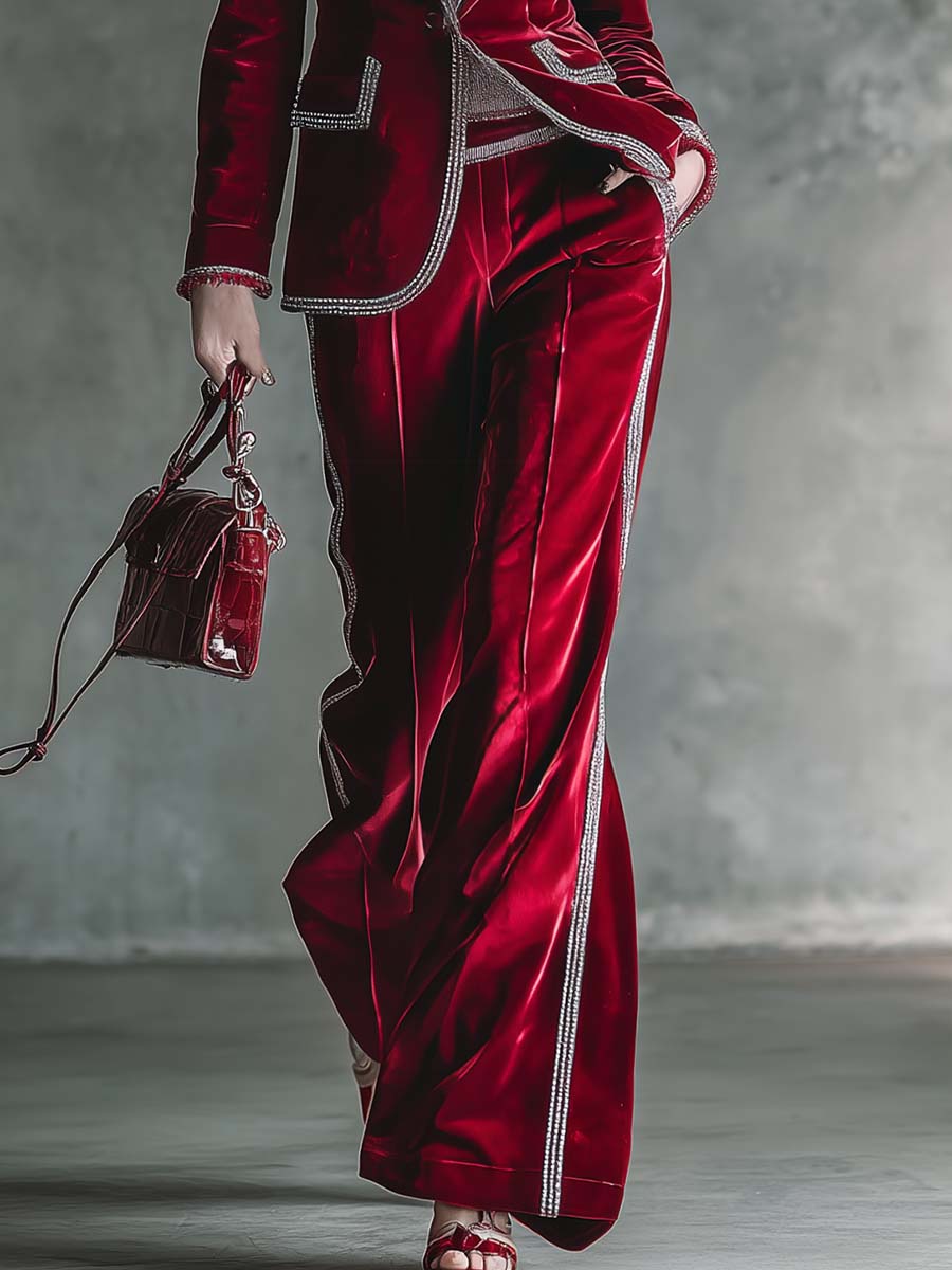 Elegant Retro Exquisite Silver Trim Peak Lapel Dark Red Velvet Blazer And Pants Set