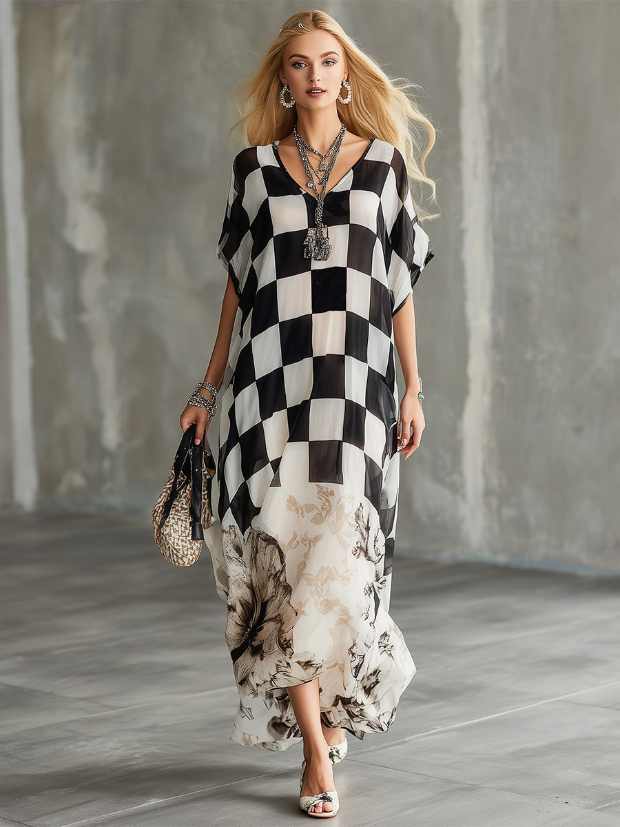 Stylish And Modern Checkered Floral Print Chiffon Short-sleeved Maxi Dress