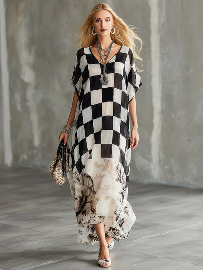 Stylish And Modern Checkered Floral Print Chiffon Short-sleeved Maxi Dress