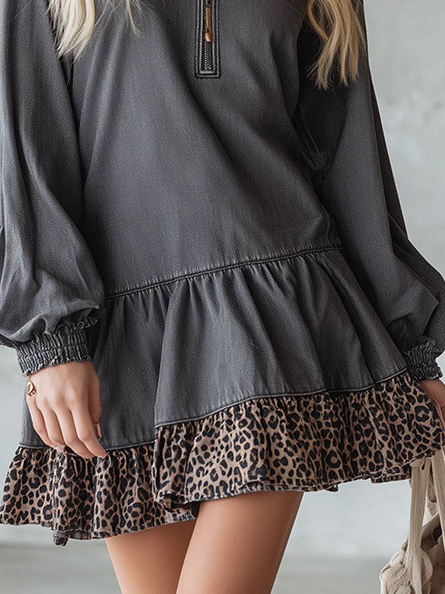 Retro Leopard Print Trim Gray Denim Half-zip Mini Dress