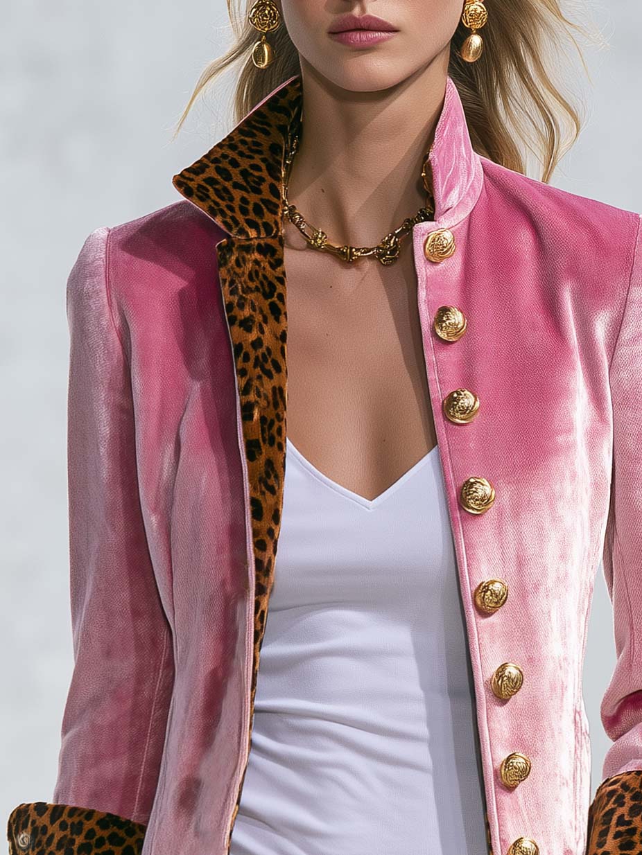 Exquisite Retro Leopard Print Color Blocking Stand-collar Single-breasted Velvet Jacket