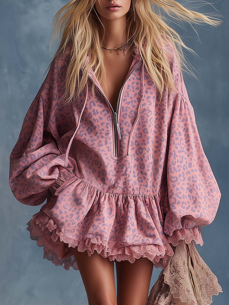 Elegant Western Hooded Front Zipper Ruffled Hem Pink Leopard Print Suede Mini Dress