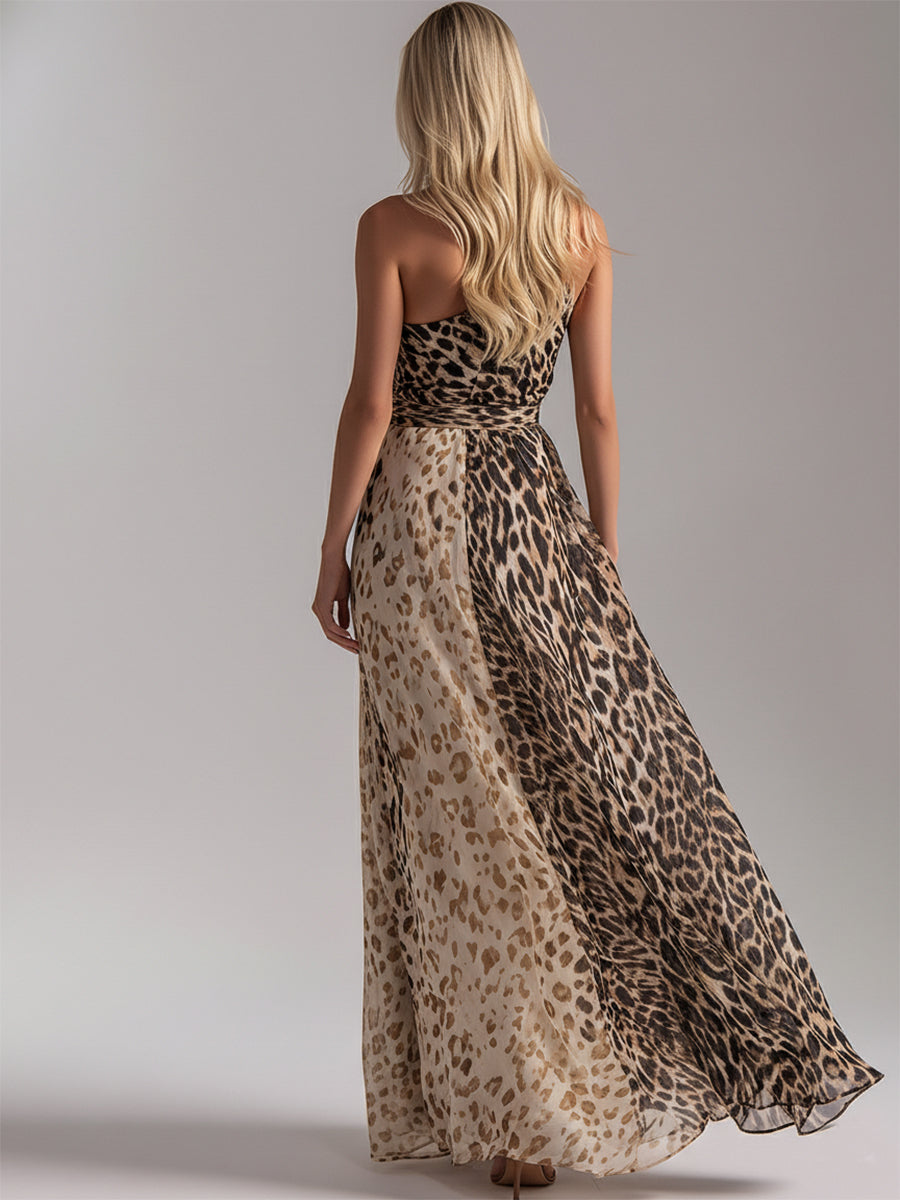 Luxury Resort-style Leopard Print Gradient Chiffon Off-shoulder Sleeveless Maxi Dress