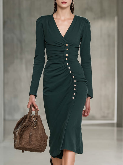 Vintage Green Pleated V-neck Button-down Midi Dress