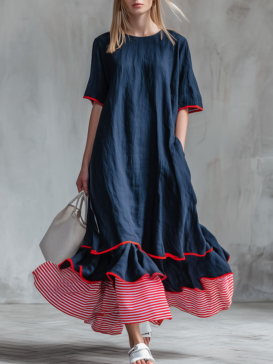 Casual Red And White Striped Patchwork Blue Cotton And Linen Maxi Dress
