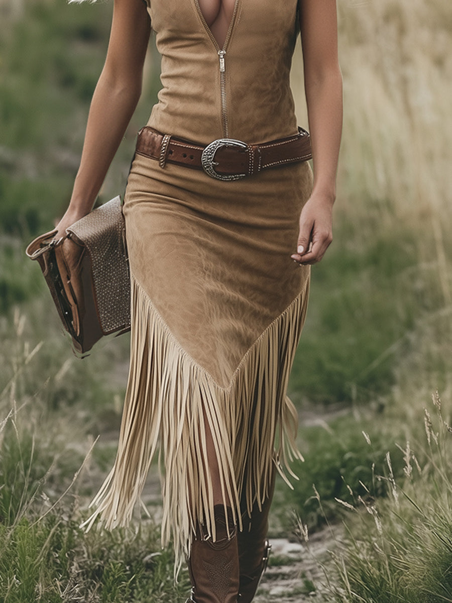 Retro Western-style Light Brown Sleeveless Tassel Midi Dress