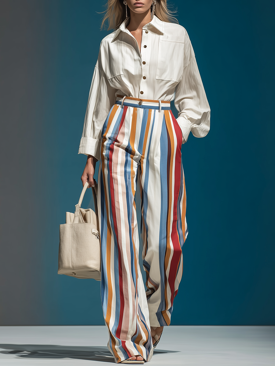 Retro Solid Color Shirt And Colorful Striped Wide-leg Pants Set