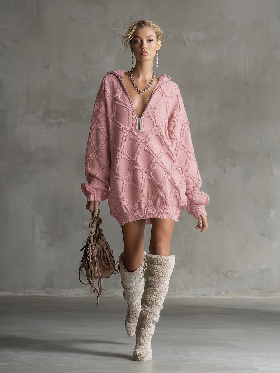 Trendy Loose-fitting Pink Denim Diamond-patterned Frayed Mini Dress
