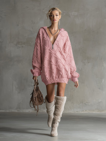 Trendy Loose-fitting Pink Denim Diamond-patterned Frayed Mini Dress