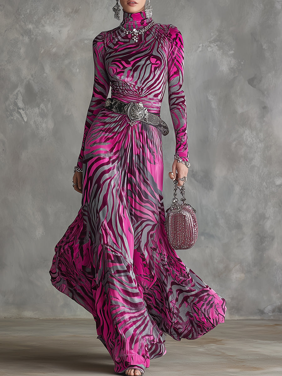 Trendy And Eye-catching Hot Pink Zebra Print Velvet Maxi Dress