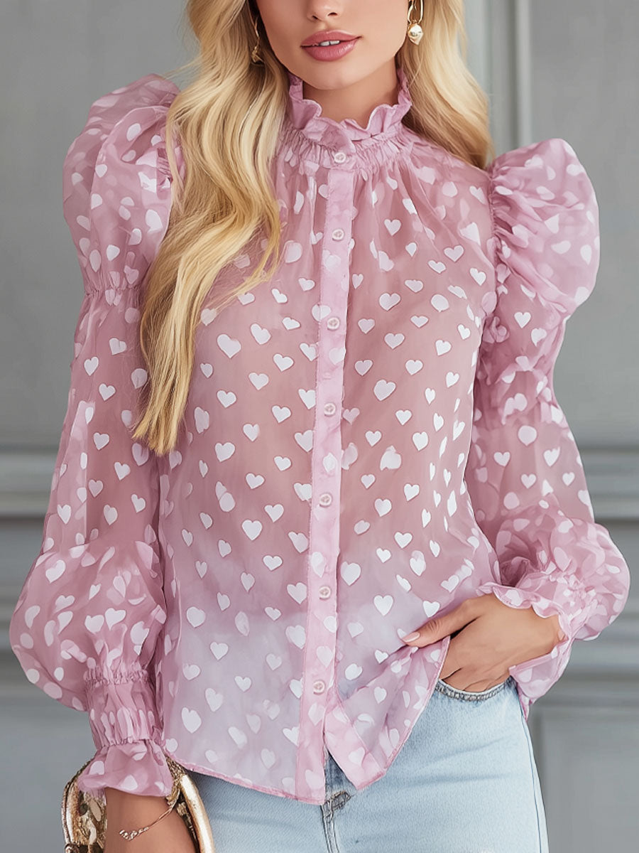 Heart-print Chiffon Puff-sleeved Shirt