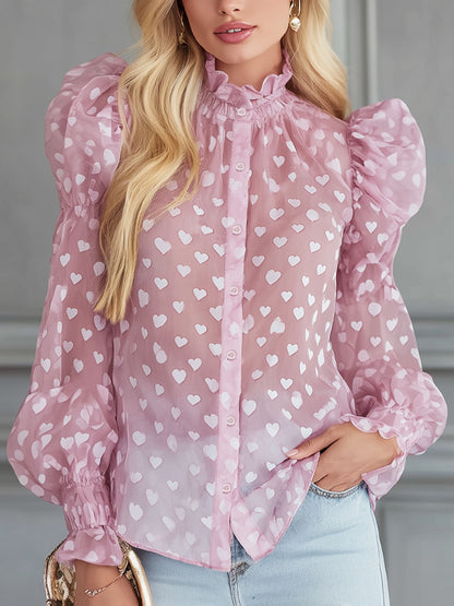 Heart-print Chiffon Puff-sleeved Shirt