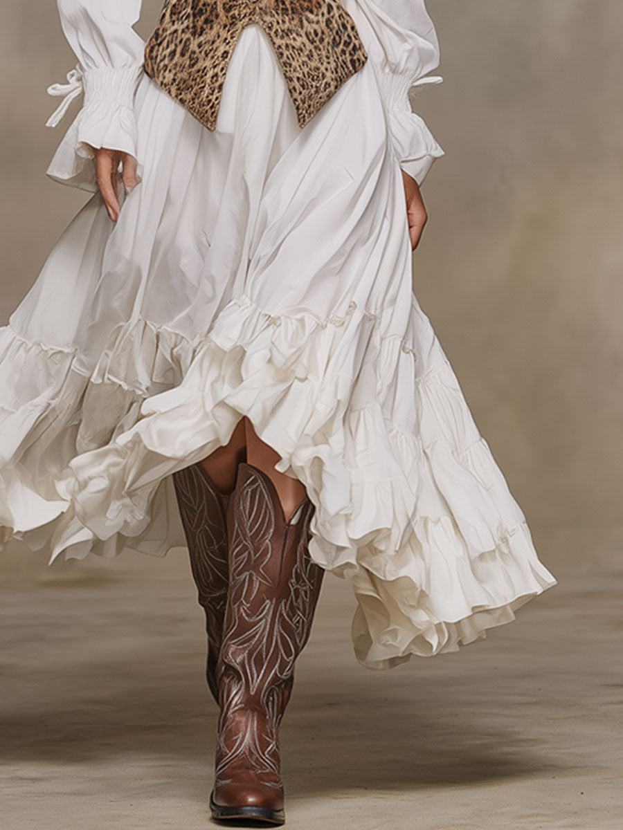 Fashionable Retro Faux Two-piece Leopard Print Faux Suede Vest White Cotton Maxi Dress