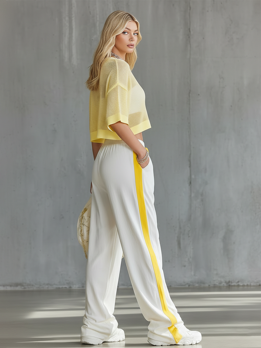 Athletic And Casual Style Short-sleeved Knitted T-shirt And Wide-leg Pants Set