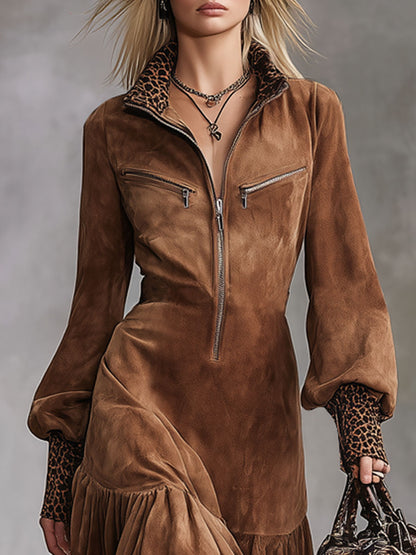 Western-style Stand-up Collar Zip-up Leopard Print Patchwork Faux Suede Midi Dress