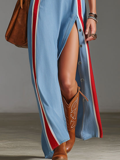 Lapel Collar Contrasting Trim Side Slit Sleeveless Denim Maxi Dress