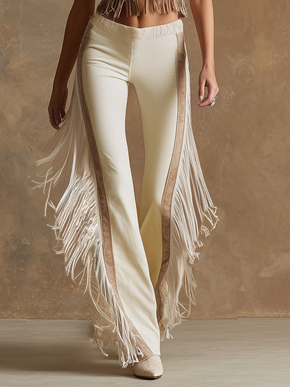 Western-style Elegant Fringed Off-white Faux Suede Flared Pants