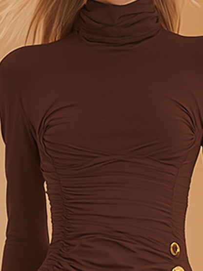 Stylish Retro Button-embellished Brown High-neck Cotton Mini Dress