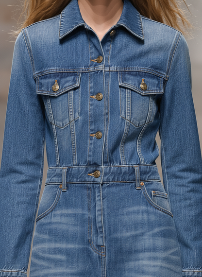 Casual And Stylish Lapel Blue Denim Maxi Dress