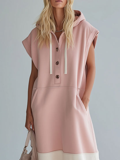 Hooded Color-block Double-pocket Sleeveless Maxi Dress