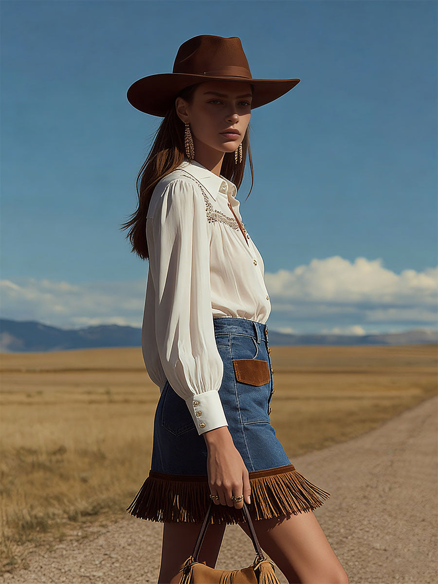 Western Retro Ribbon White Chiffon Long-Sleeve Shirt