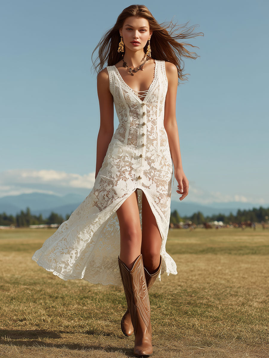 Western Retro White Lace Sleeveless Slit Maxi Dress