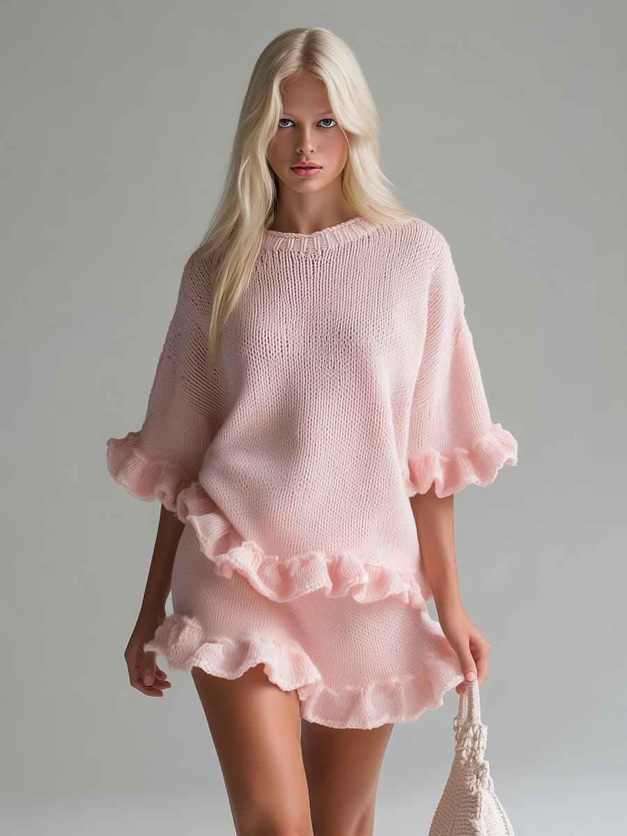 Comfortable Relaxed Round Neck Ruffled Short Sleeve Knitted T-shirt And Mini Skirt Set