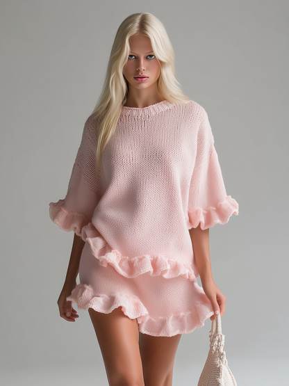 Comfortable Relaxed Round Neck Ruffled Short Sleeve Knitted T-shirt And Mini Skirt Set