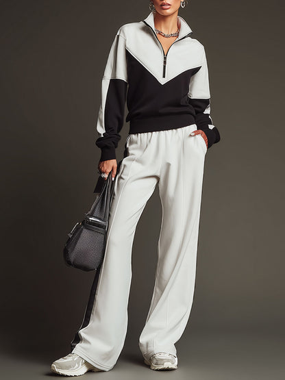 Retro Sporty Black And White Half-zip Sweatshirt And Wide-leg Pants Set