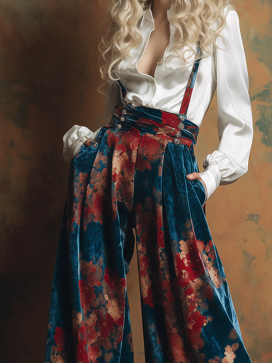 Retro-chic Printed Velvet Wide-leg Overalls