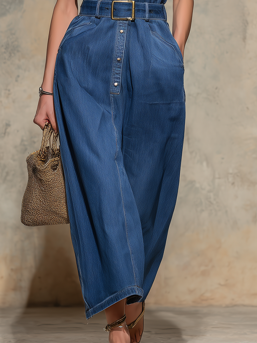 Fashionable Retro Wide-shouldered Stand-up Collar Button-down Denim Maxi Dress