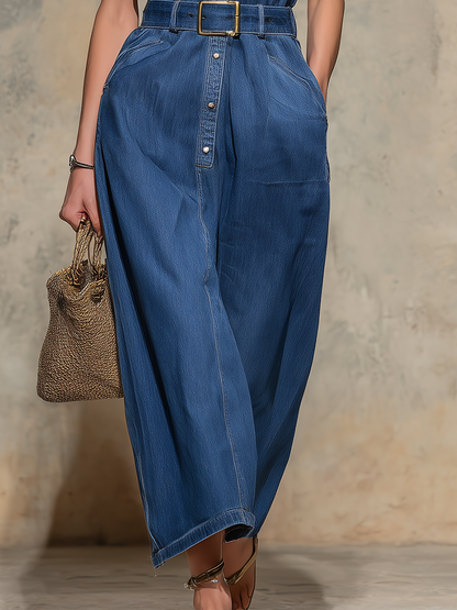 Fashionable Retro Wide-shouldered Stand-up Collar Button-down Denim Maxi Dress