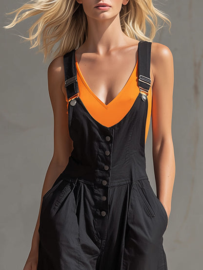 Retro-chic Casual Black Button V-neck Wide-leg Overalls