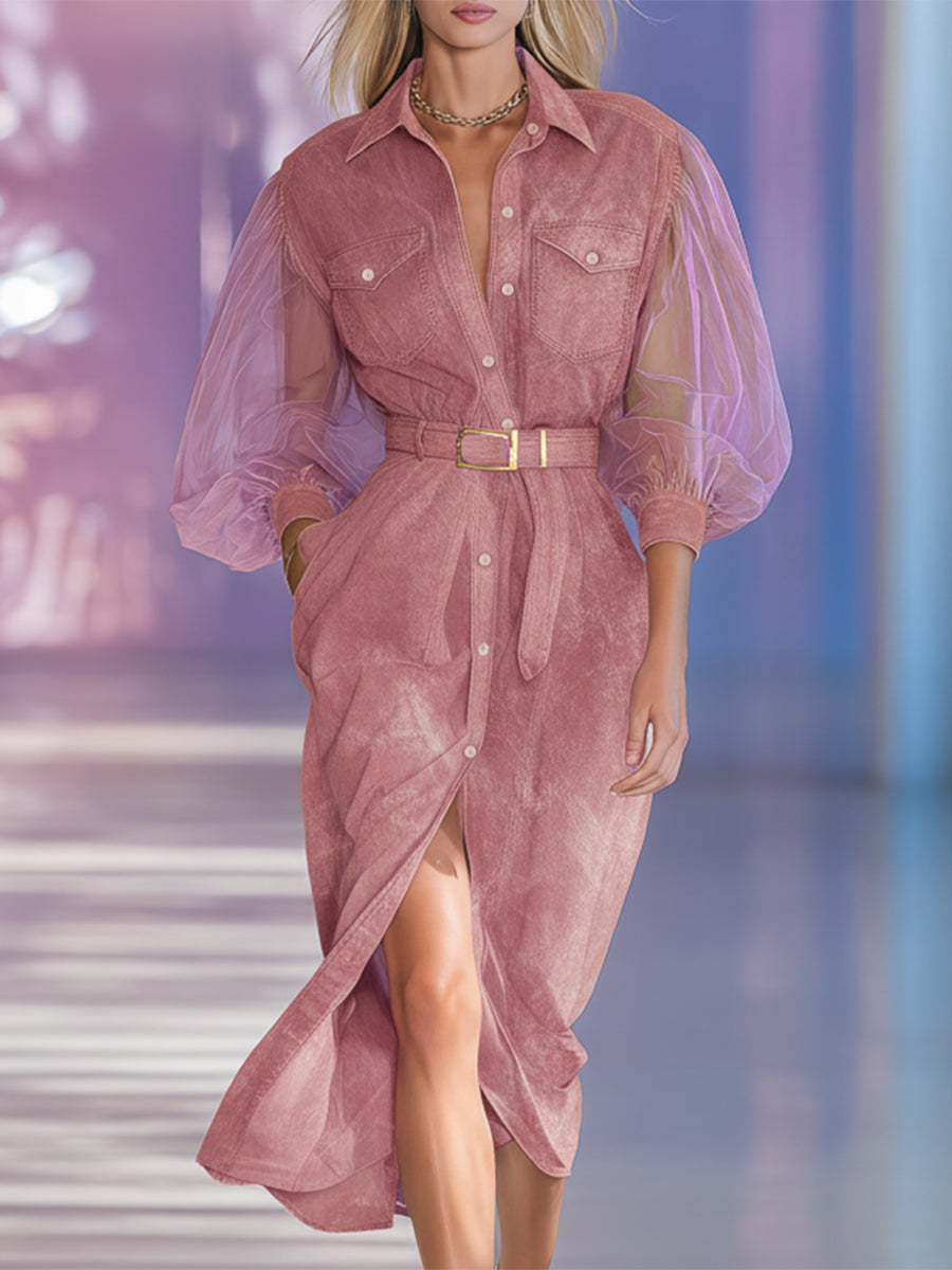 Retro Western Collar Sheer Long-Sleeved Pink Denim Midi Dress