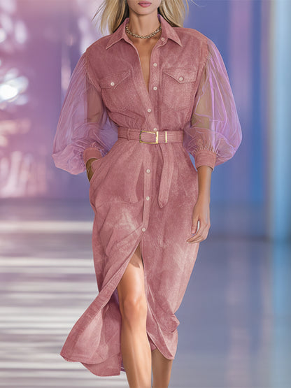 Retro Western Collar Sheer Long-Sleeved Pink Denim Midi Dress