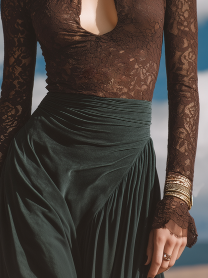 Retro Chic Bohemian Openwork Brown Lace Top