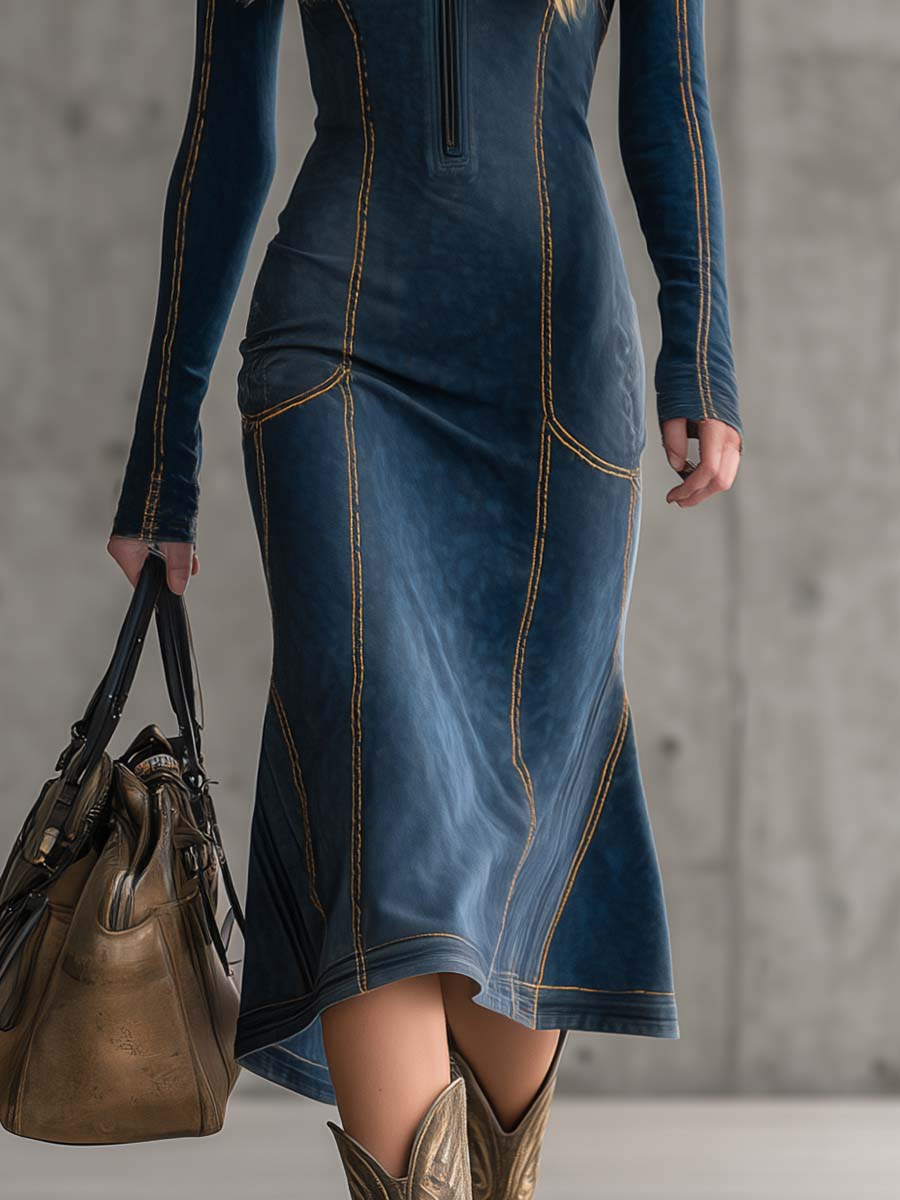 Retro Fashion Sporty Front Zipper Beige Stitching Dark Blue Suede Midi Dress