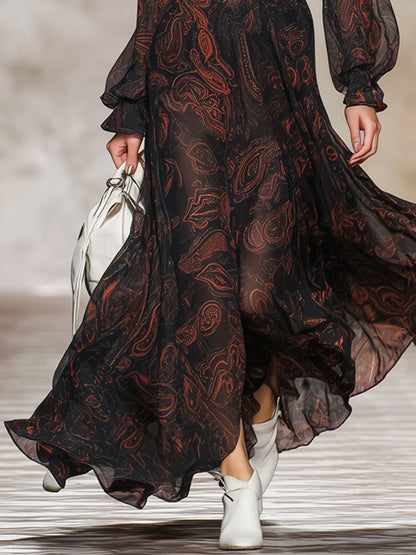 Fashionable Retro Long-sleeved Paisley Black Chiffon Ruffle Maxi Dress