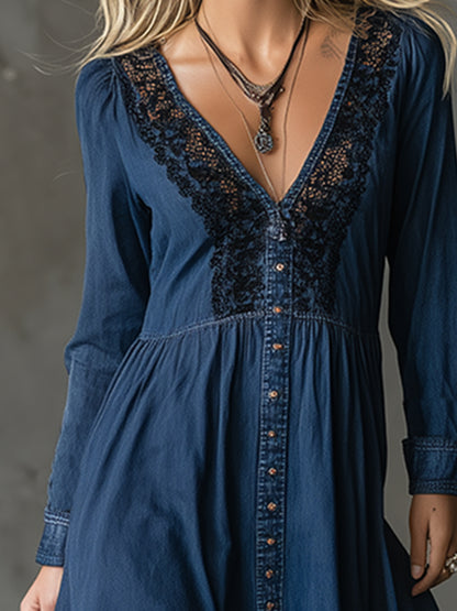 Elegant Loose-fitting Blue Denim Lace-trimmed Maxi Dress